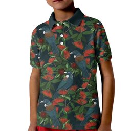 New Zealand Christmas Kid Polo Shirt Romantic Tui Birds on Pohutukawa - Cobalt
