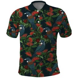 New Zealand Christmas Polo Shirt Romantic Tui Birds on Pohutukawa - Cobalt