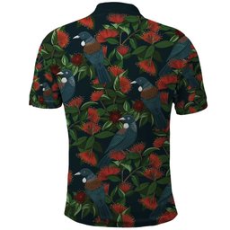 New Zealand Christmas Polo Shirt Romantic Tui Birds on Pohutukawa - Cobalt