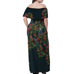 New Zealand Christmas Off Shoulder Maxi Dress Romantic Tui Birds on Pohutukawa - Cobalt