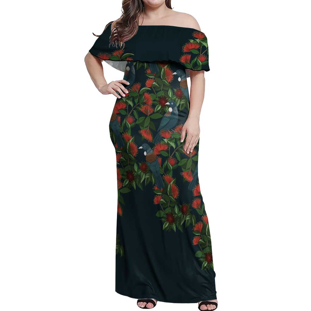 New Zealand Christmas Off Shoulder Maxi Dress Romantic Tui Birds on Pohutukawa - Cobalt