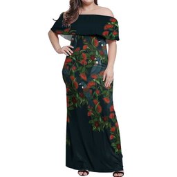 New Zealand Christmas Off Shoulder Maxi Dress Romantic Tui Birds on Pohutukawa - Cobalt
