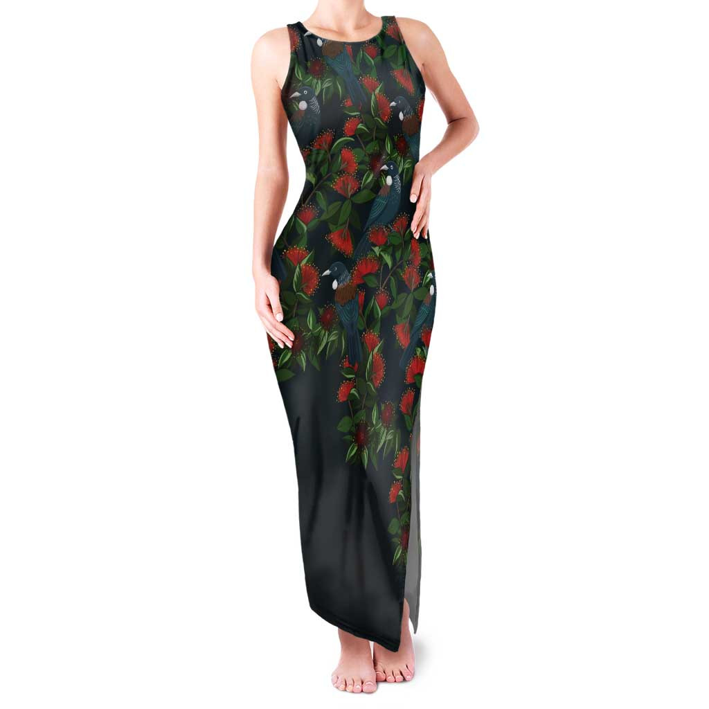 New Zealand Christmas Tank Maxi Dress Romantic Tui Birds on Pohutukawa - Cobalt