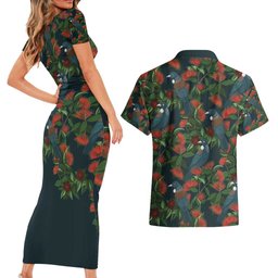 New Zealand Christmas Couples Matching Short Sleeve Bodycon Dress and Hawaiian Shirt Romantic Tui Birds on Pohutukawa - Cobalt
