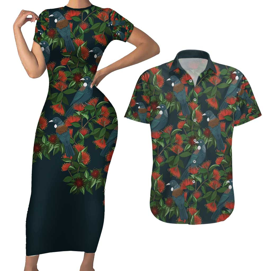 New Zealand Christmas Couples Matching Short Sleeve Bodycon Dress and Hawaiian Shirt Romantic Tui Birds on Pohutukawa - Cobalt