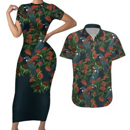New Zealand Christmas Couples Matching Short Sleeve Bodycon Dress and Hawaiian Shirt Romantic Tui Birds on Pohutukawa - Cobalt