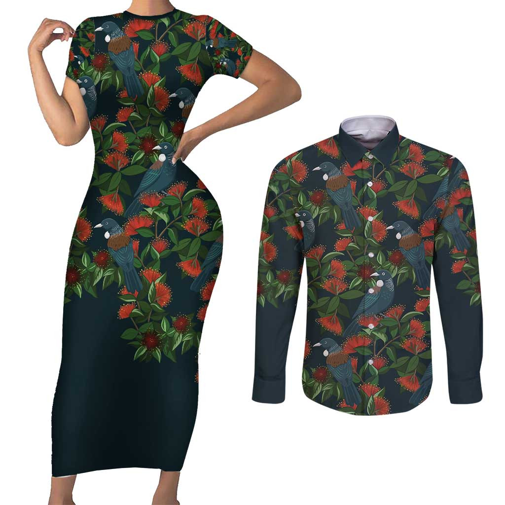 New Zealand Christmas Couples Matching Short Sleeve Bodycon Dress and Long Sleeve Button Shirt Romantic Tui Birds on Pohutukawa - Cobalt