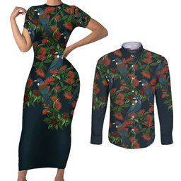New Zealand Christmas Couples Matching Short Sleeve Bodycon Dress and Long Sleeve Button Shirt Romantic Tui Birds on Pohutukawa - Cobalt