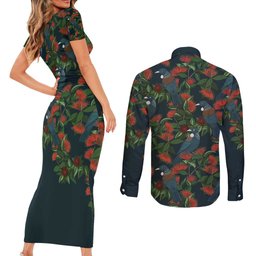 New Zealand Christmas Couples Matching Short Sleeve Bodycon Dress and Long Sleeve Button Shirt Romantic Tui Birds on Pohutukawa - Cobalt