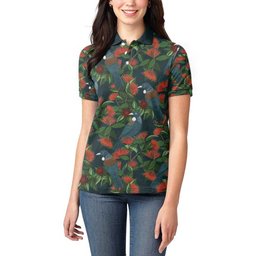 New Zealand Christmas Women Polo Shirt Romantic Tui Birds on Pohutukawa - Cobalt