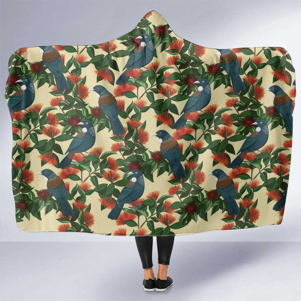 New Zealand Christmas Hooded Blanket Romantic Tui Birds on Pohutukawa - Ivory