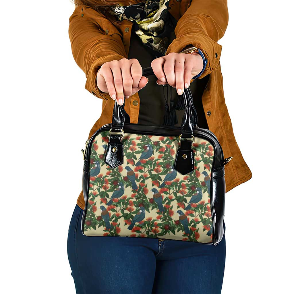 New Zealand Christmas Shoulder Handbag Romantic Tui Birds on Pohutukawa - Ivory