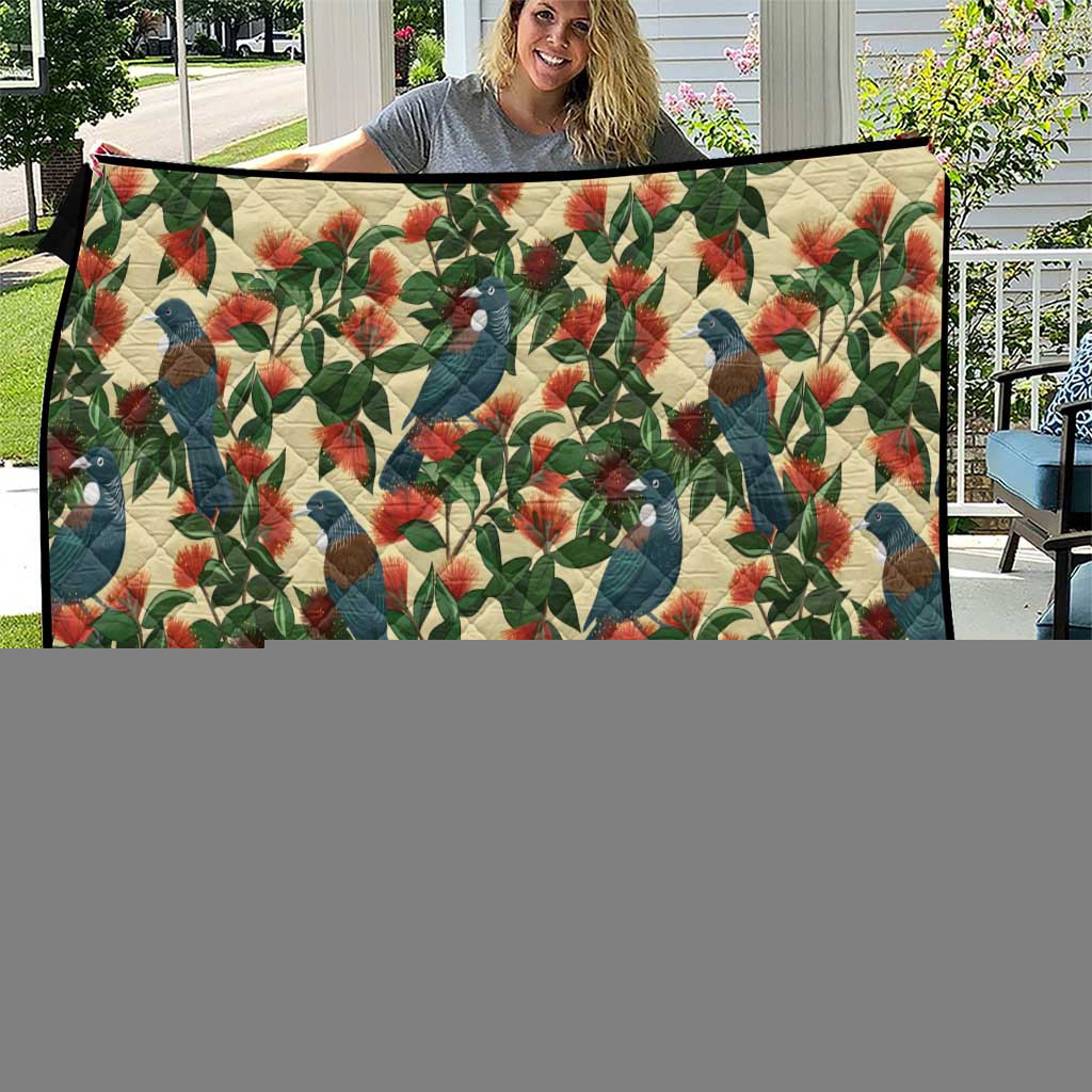 New Zealand Christmas Quilt Romantic Tui Birds on Pohutukawa - Ivory