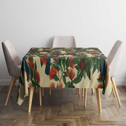 New Zealand Christmas Tablecloth Romantic Tui Birds on Pohutukawa - Ivory