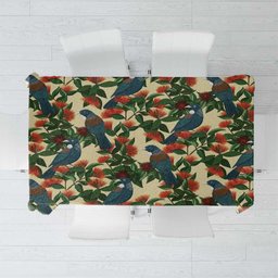 New Zealand Christmas Tablecloth Romantic Tui Birds on Pohutukawa - Ivory