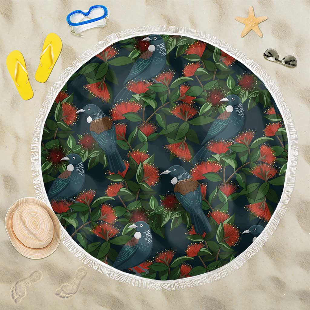 New Zealand Christmas Beach Blanket Romantic Tui Birds on Pohutukawa - Cobalt