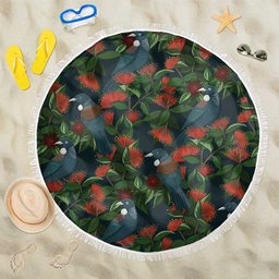 New Zealand Christmas Beach Blanket Romantic Tui Birds on Pohutukawa - Cobalt