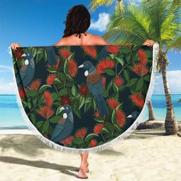 New Zealand Christmas Beach Blanket Romantic Tui Birds on Pohutukawa - Cobalt