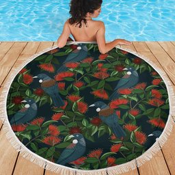 New Zealand Christmas Beach Blanket Romantic Tui Birds on Pohutukawa - Cobalt