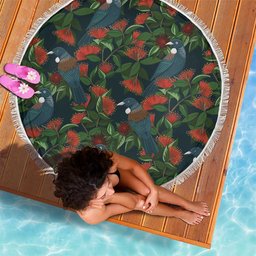 New Zealand Christmas Beach Blanket Romantic Tui Birds on Pohutukawa - Cobalt