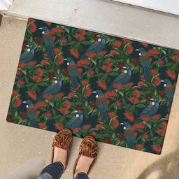 New Zealand Christmas Rubber Doormat Romantic Tui Birds on Pohutukawa - Cobalt