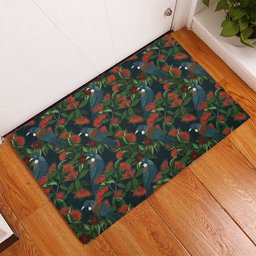 New Zealand Christmas Rubber Doormat Romantic Tui Birds on Pohutukawa - Cobalt