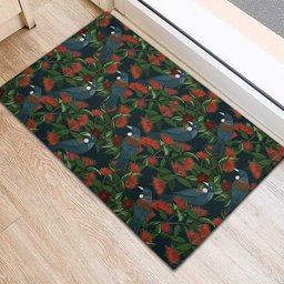New Zealand Christmas Rubber Doormat Romantic Tui Birds on Pohutukawa - Cobalt