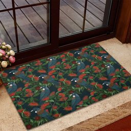 New Zealand Christmas Rubber Doormat Romantic Tui Birds on Pohutukawa - Cobalt