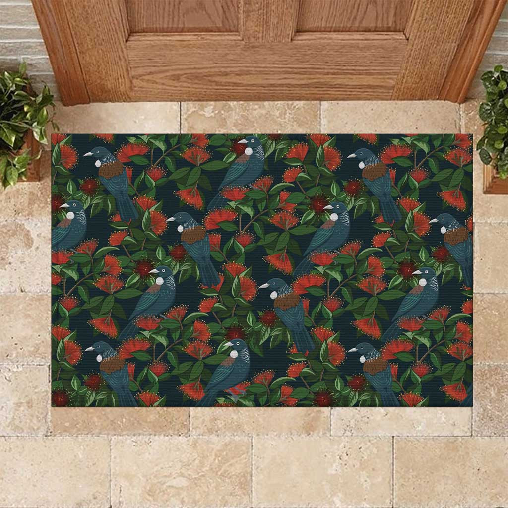 New Zealand Christmas Rubber Doormat Romantic Tui Birds on Pohutukawa - Cobalt