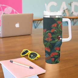 New Zealand Christmas Tumbler With Handle Romantic Tui Birds on Pohutukawa - Cobalt