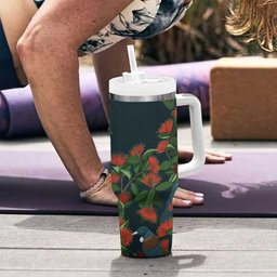 New Zealand Christmas Tumbler With Handle Romantic Tui Birds on Pohutukawa - Cobalt