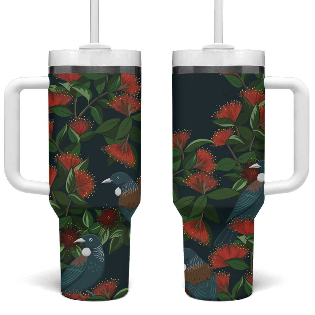New Zealand Christmas Tumbler With Handle Romantic Tui Birds on Pohutukawa - Cobalt