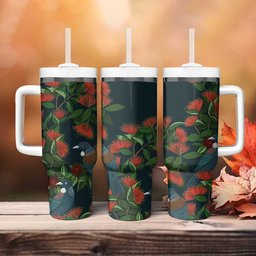 New Zealand Christmas Tumbler With Handle Romantic Tui Birds on Pohutukawa - Cobalt