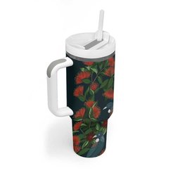 New Zealand Christmas Tumbler With Handle Romantic Tui Birds on Pohutukawa - Cobalt