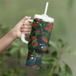 New Zealand Christmas Tumbler With Handle Romantic Tui Birds on Pohutukawa - Cobalt