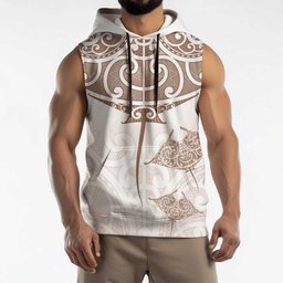 New Zealand Manta Ray Tattoo Sleeveless Hoodie Aotearoa Maori Haehae Beige