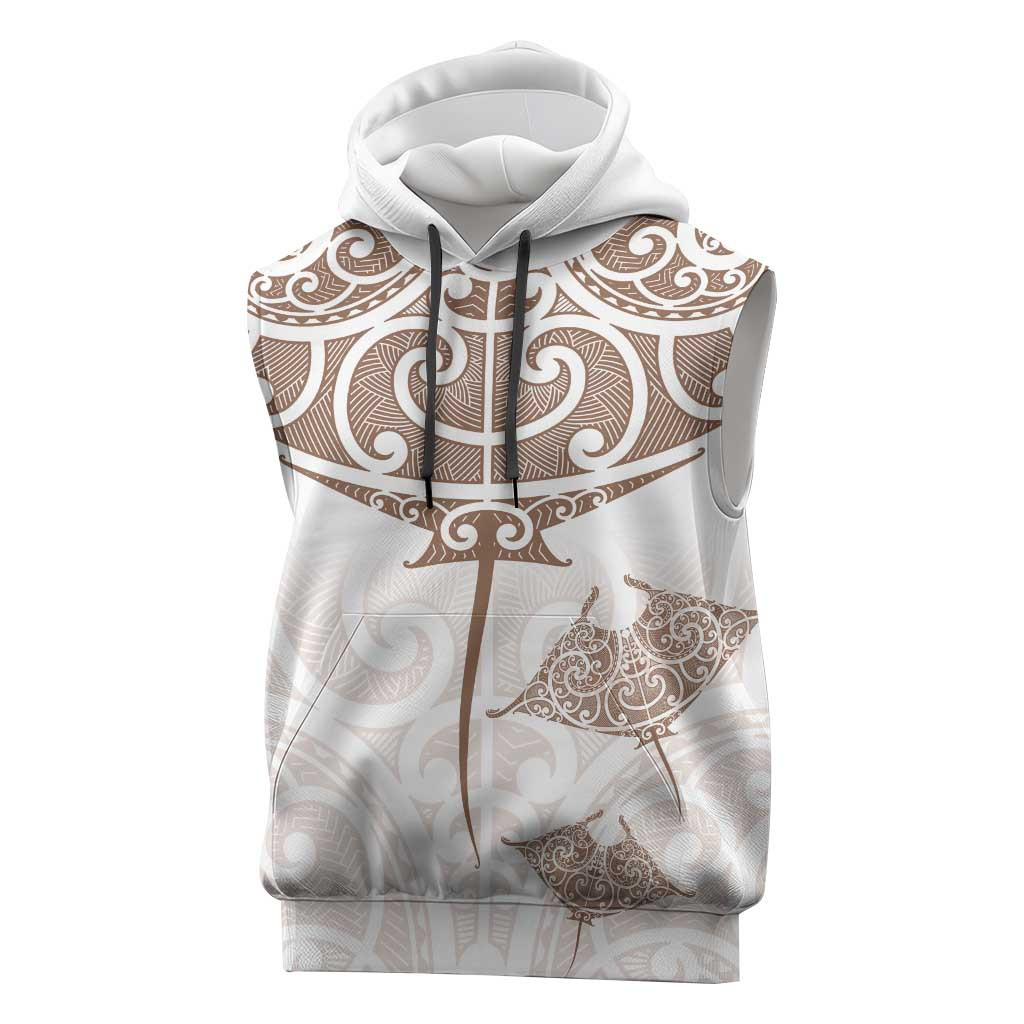 New Zealand Manta Ray Tattoo Sleeveless Hoodie Aotearoa Maori Haehae Beige