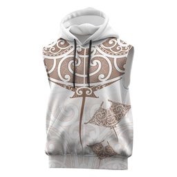 New Zealand Manta Ray Tattoo Sleeveless Hoodie Aotearoa Maori Haehae Beige