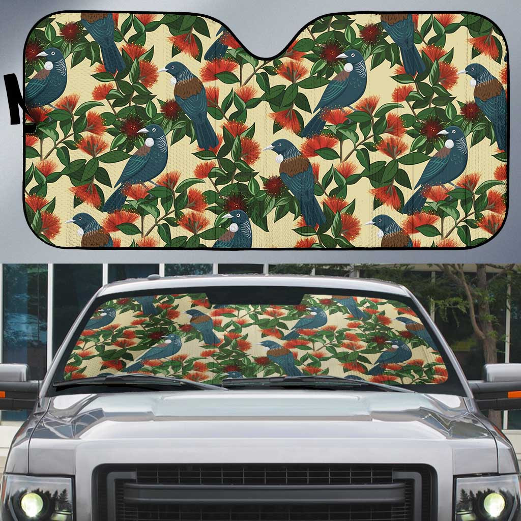 New Zealand Christmas Auto Sun Shade Romantic Tui Birds on Pohutukawa - Ivory