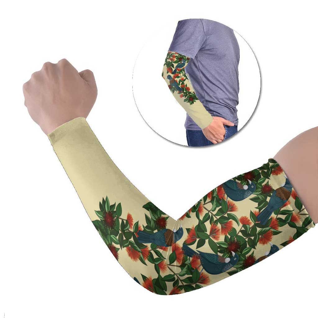 New Zealand Christmas Arm Sleeves Romantic Tui Birds on Pohutukawa - Ivory
