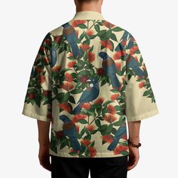 New Zealand Christmas Kimono Romantic Tui Birds on Pohutukawa - Ivory