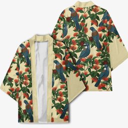 New Zealand Christmas Kimono Romantic Tui Birds on Pohutukawa - Ivory