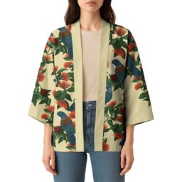 New Zealand Christmas Kimono Romantic Tui Birds on Pohutukawa - Ivory