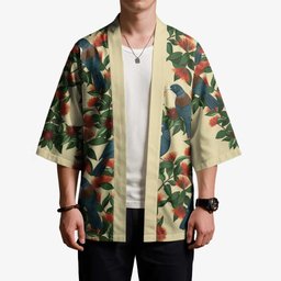 New Zealand Christmas Kimono Romantic Tui Birds on Pohutukawa - Ivory
