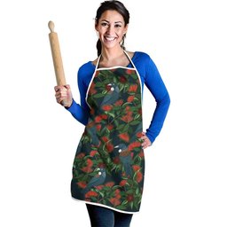 New Zealand Christmas Apron Romantic Tui Birds on Pohutukawa - Cobalt