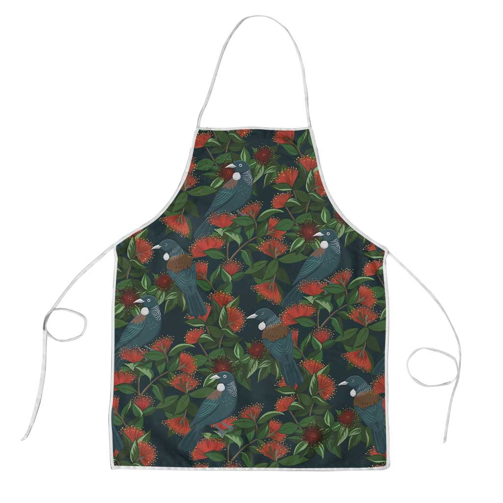 New Zealand Christmas Apron Romantic Tui Birds on Pohutukawa - Cobalt