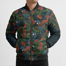 New Zealand Christmas Bomber Puffer Jacket Romantic Tui Birds on Pohutukawa - Cobalt