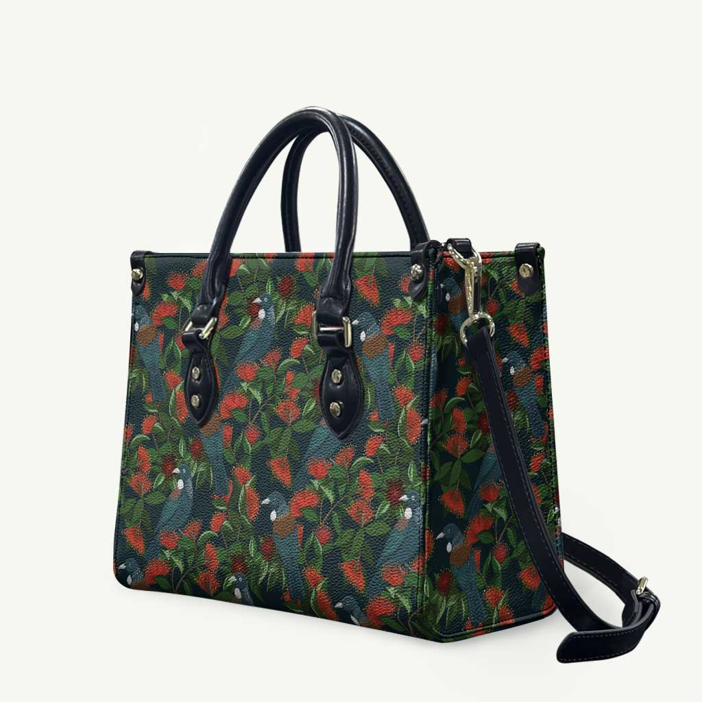 New Zealand Christmas Leather Bag Romantic Tui Birds on Pohutukawa - Cobalt