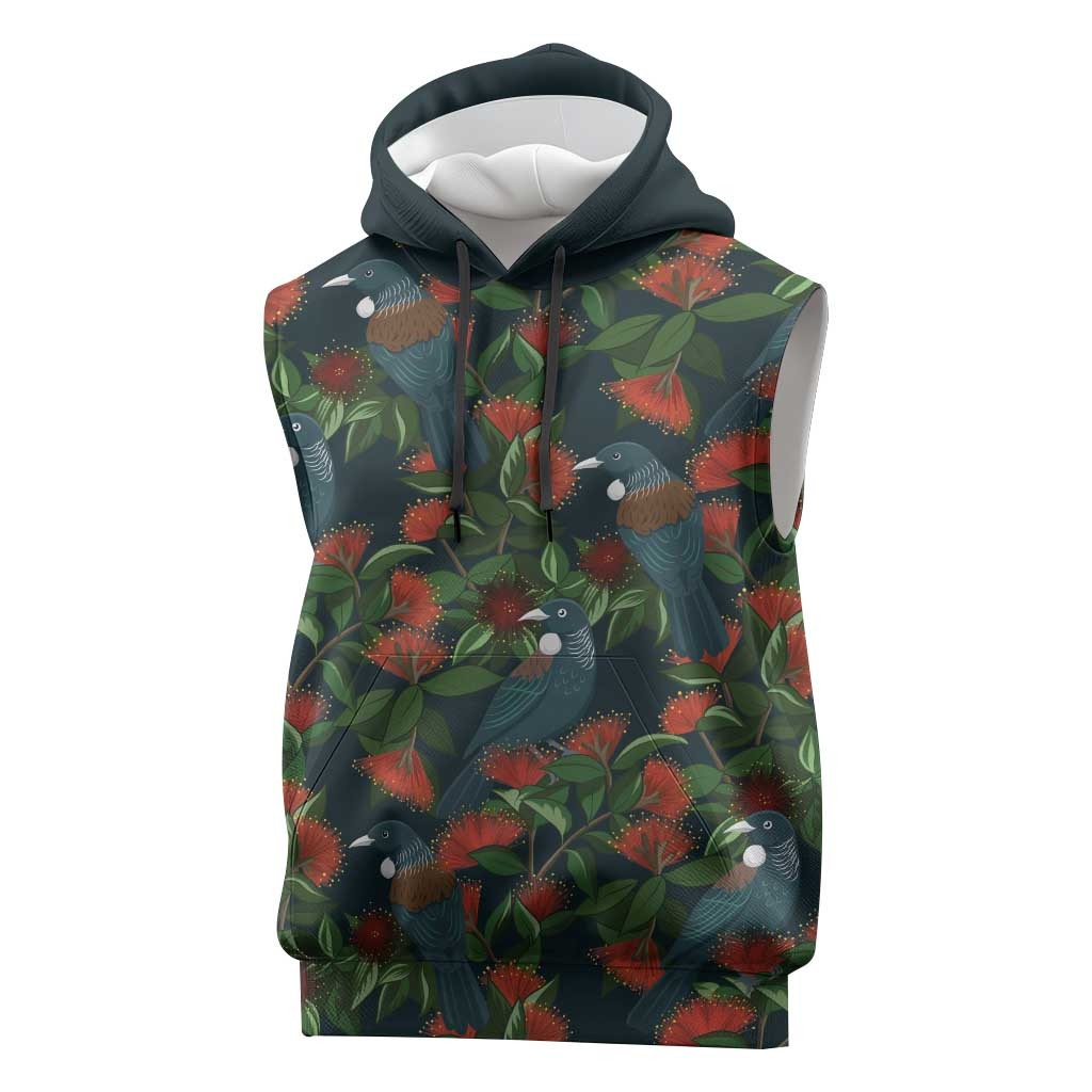 New Zealand Christmas Sleeveless Hoodie Romantic Tui Birds on Pohutukawa - Cobalt