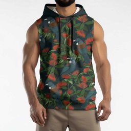 New Zealand Christmas Sleeveless Hoodie Romantic Tui Birds on Pohutukawa - Cobalt